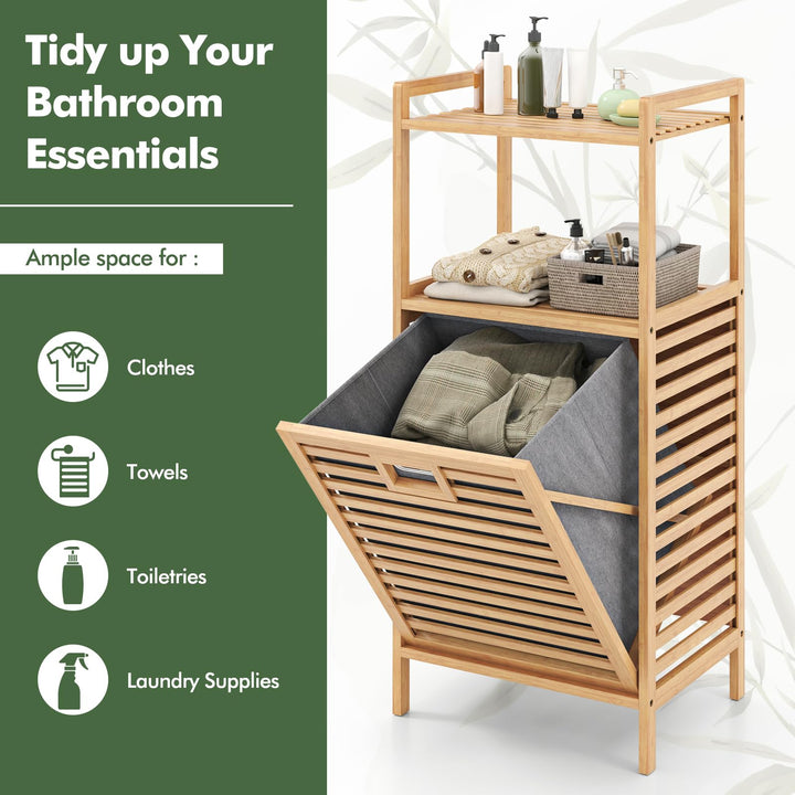 Giantex Tilt Out Laundry Hamper Bamboo Laundry Storage Cabinet with 2-Tier Storage Shelves