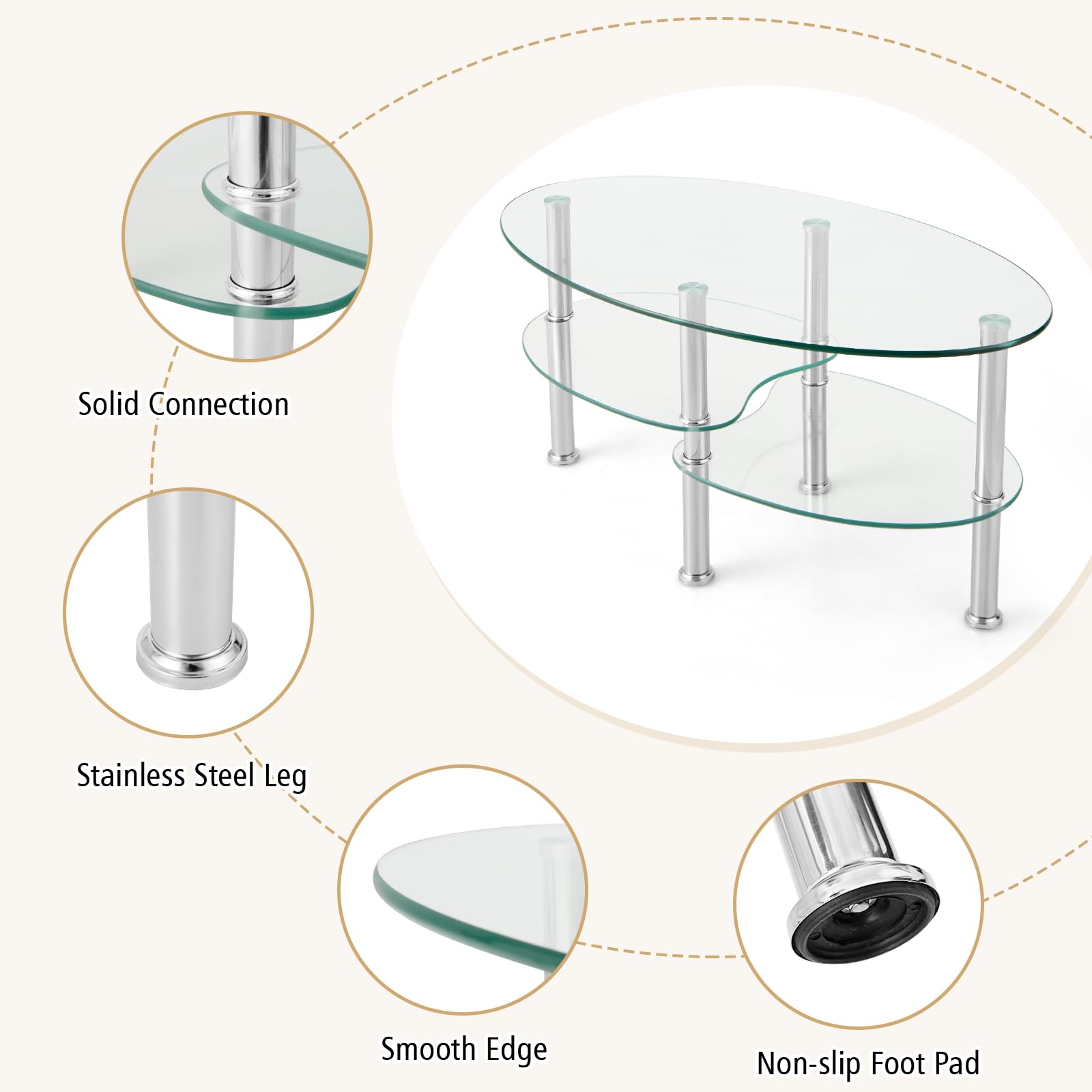 Giantex Oval Glass Coffee Table - 3-Tier Transparent Tempered Glass Center Table with Metal Stand, 35"× 20" ×18"