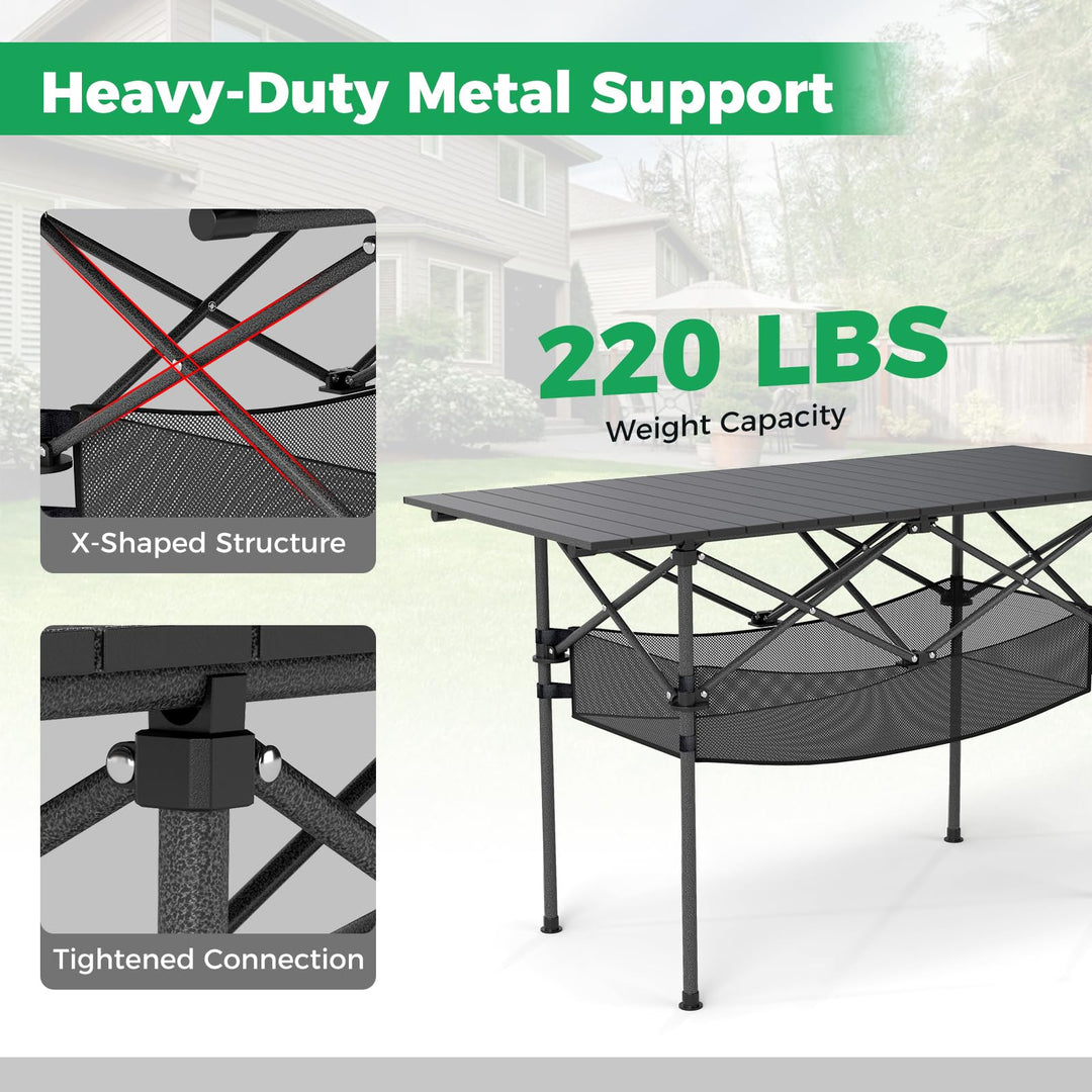 Giantex Folding Camping Table Portable Picnic Table w/Aluminum Roll-up Tabletop & Mesh Basket
