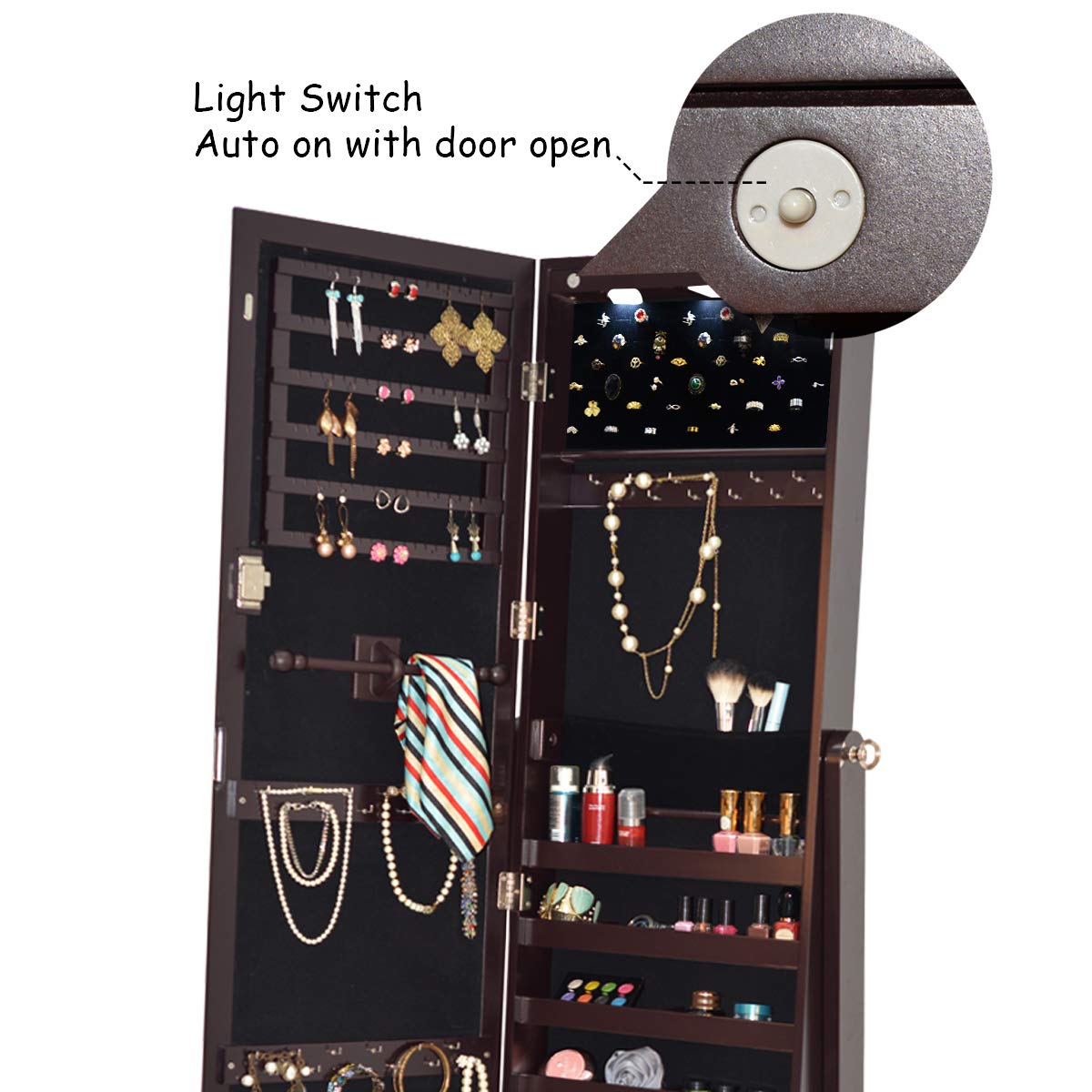 Giantex 57.5"H 2 LEDs Standing Jewelry Cabinet with Full Length Mirror with 2 Drawers, 4 Adjustable Angles, Jewelry Storage Organizer