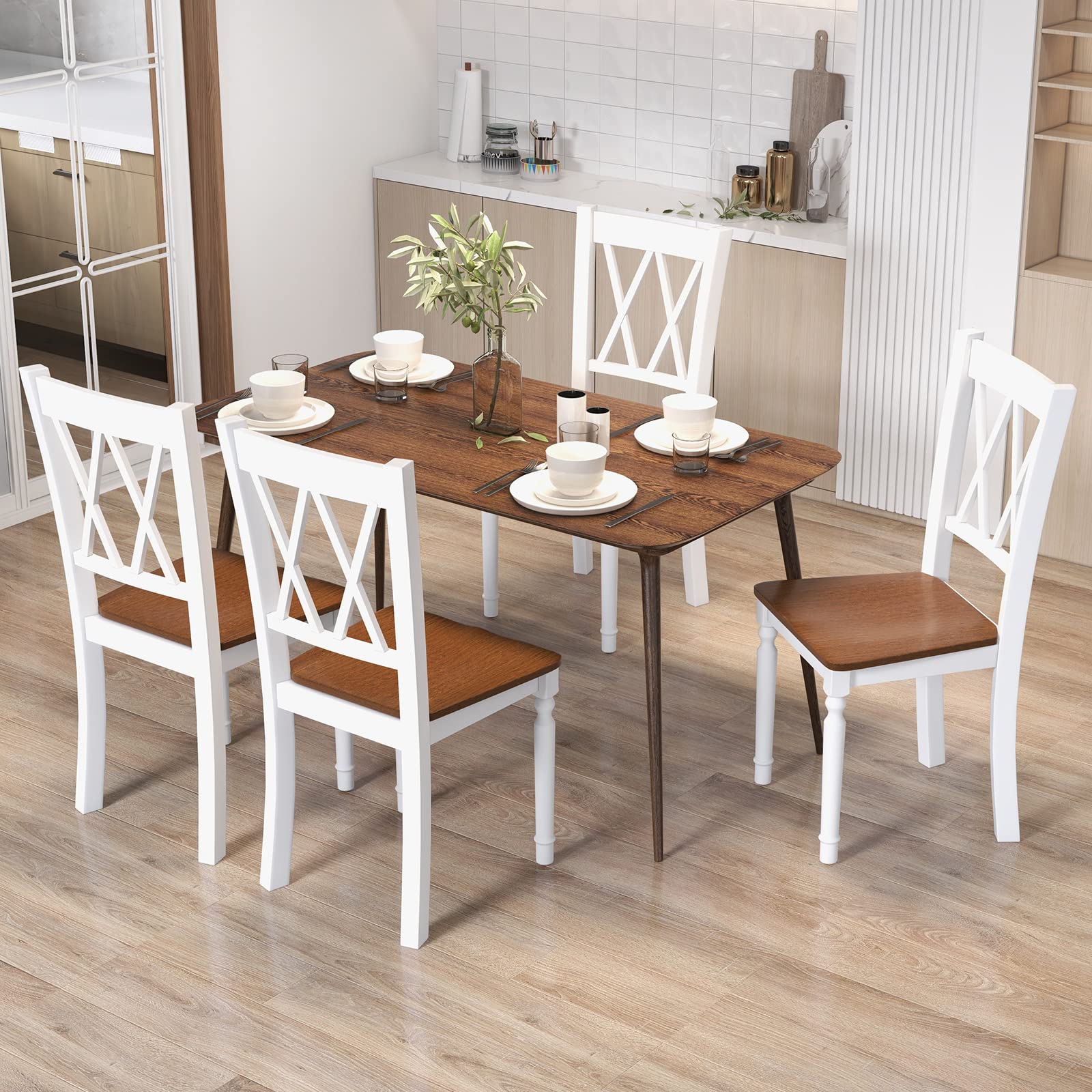 Giantex Dining Room Chairs Set of 2 White, Wooden Farmhouse Kitchen Chairs with Rubber Wood Seat