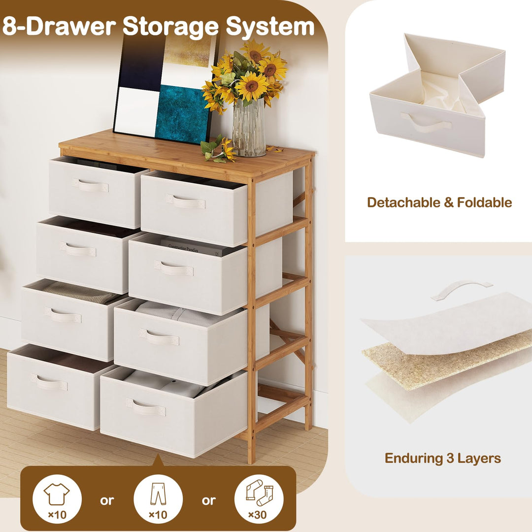 Giantex 8-Drawers Dresser Bamboo Fabric Storage Tower with Removable Fabric Bins