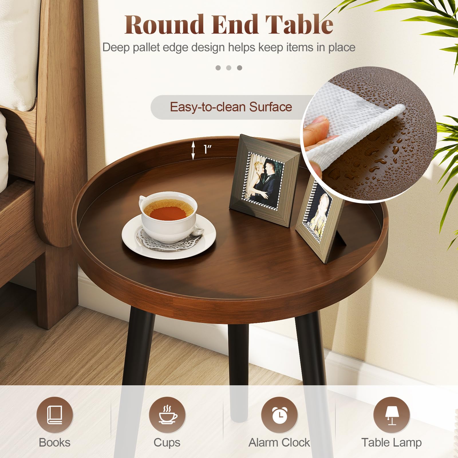 Giantex Mid Century Modern Side Table with Wooden Tray and Bamboo Legs