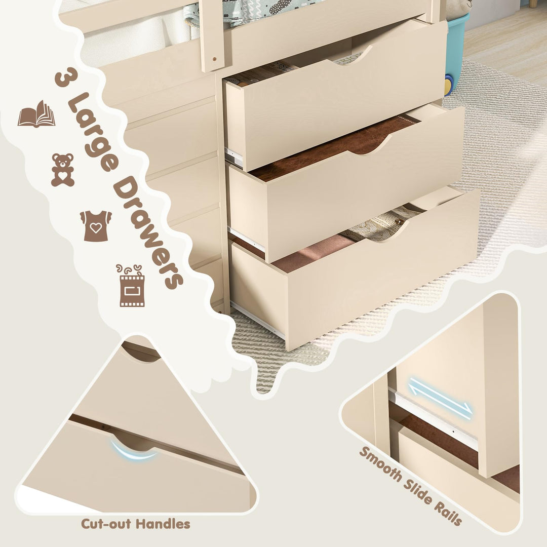 Giantex Low Loft Bed Twin Size | Solid Wood Kids Bed with Slide &amp; 3 Storage Drawers