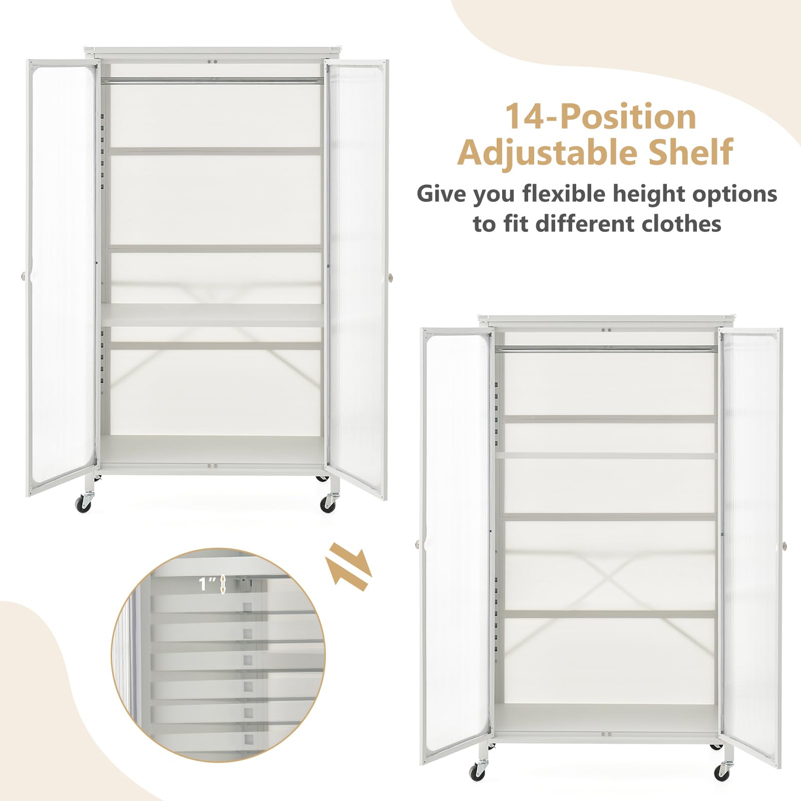 Portable Closet with Rollers, Mobile Metal Armoire Closet with Hanging Rod
