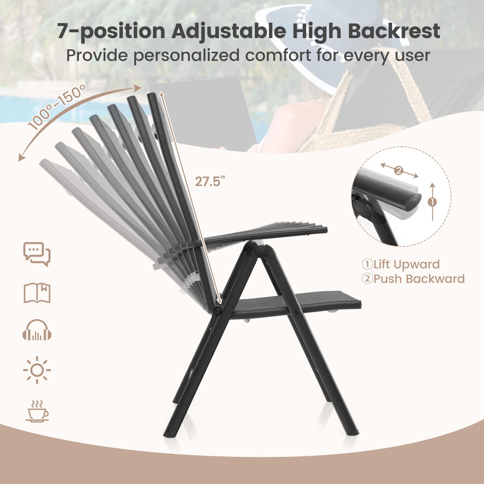 Giantex Folding Patio Chairs, High Back Outdoor Chairs with 7-Level Adjustable High Backrest