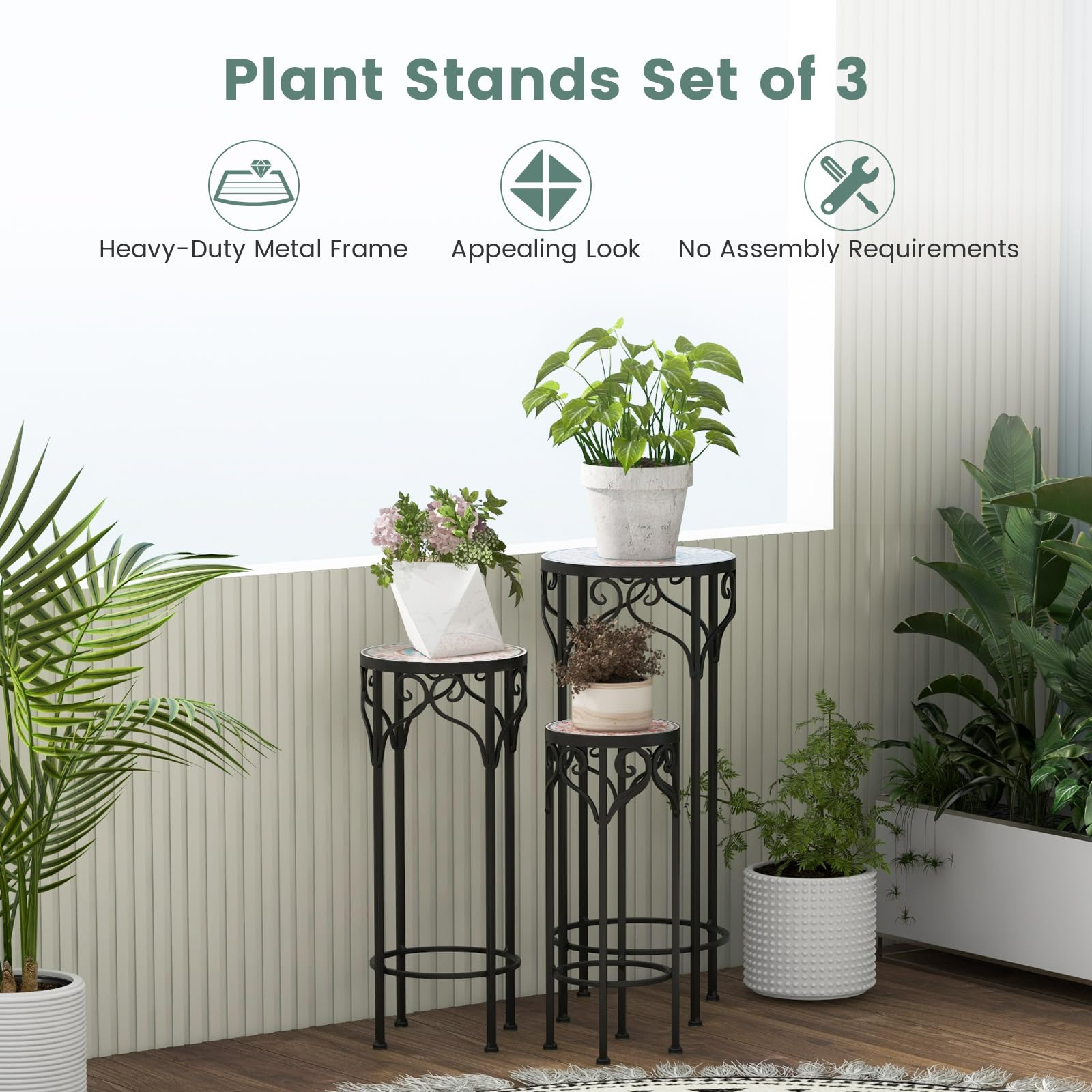 Giantex Metal Plant Stand Set of 3, 28" Mosaic Tall Flower Stand with Ceramic Top