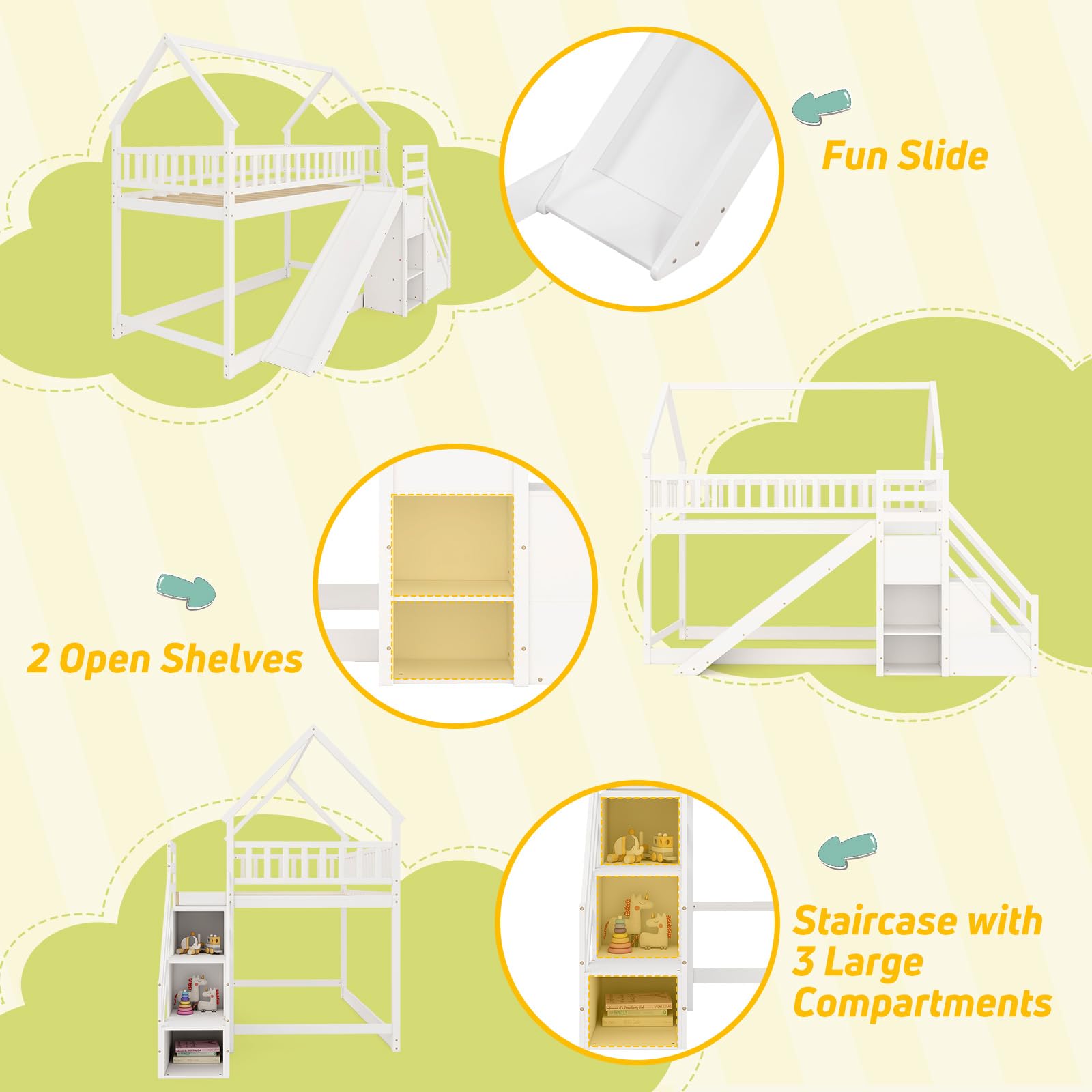Giantex House Bunk Bed Twin Over Twin with Slide & Stairs, No Box Spring Needed, Twin Floor Bunk Bed for Kids Teens Boys Girls, White