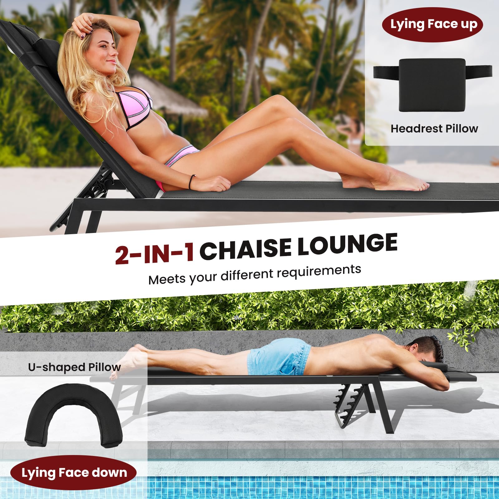 Giantex Patio Chaise Lounge Chair - Outdoor Lounge Chaise with Face Hole, Detachable Head Pillows, Black