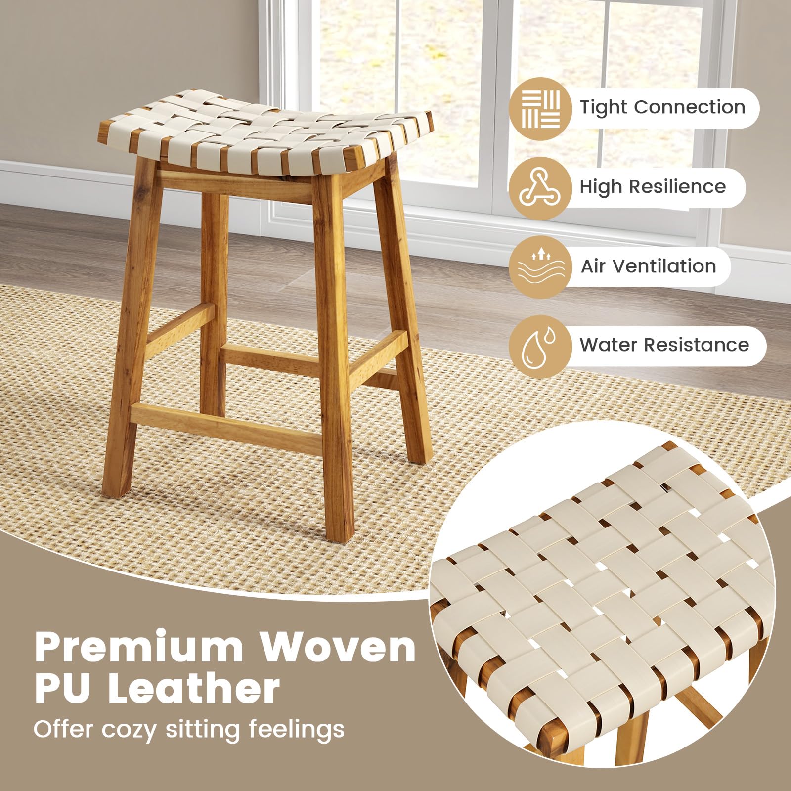 Giantex 25.5/31" Woven Bar Stools Set of 2/4, Faux PU Leather Counter Height Saddle Stools with Woven Curved Seat