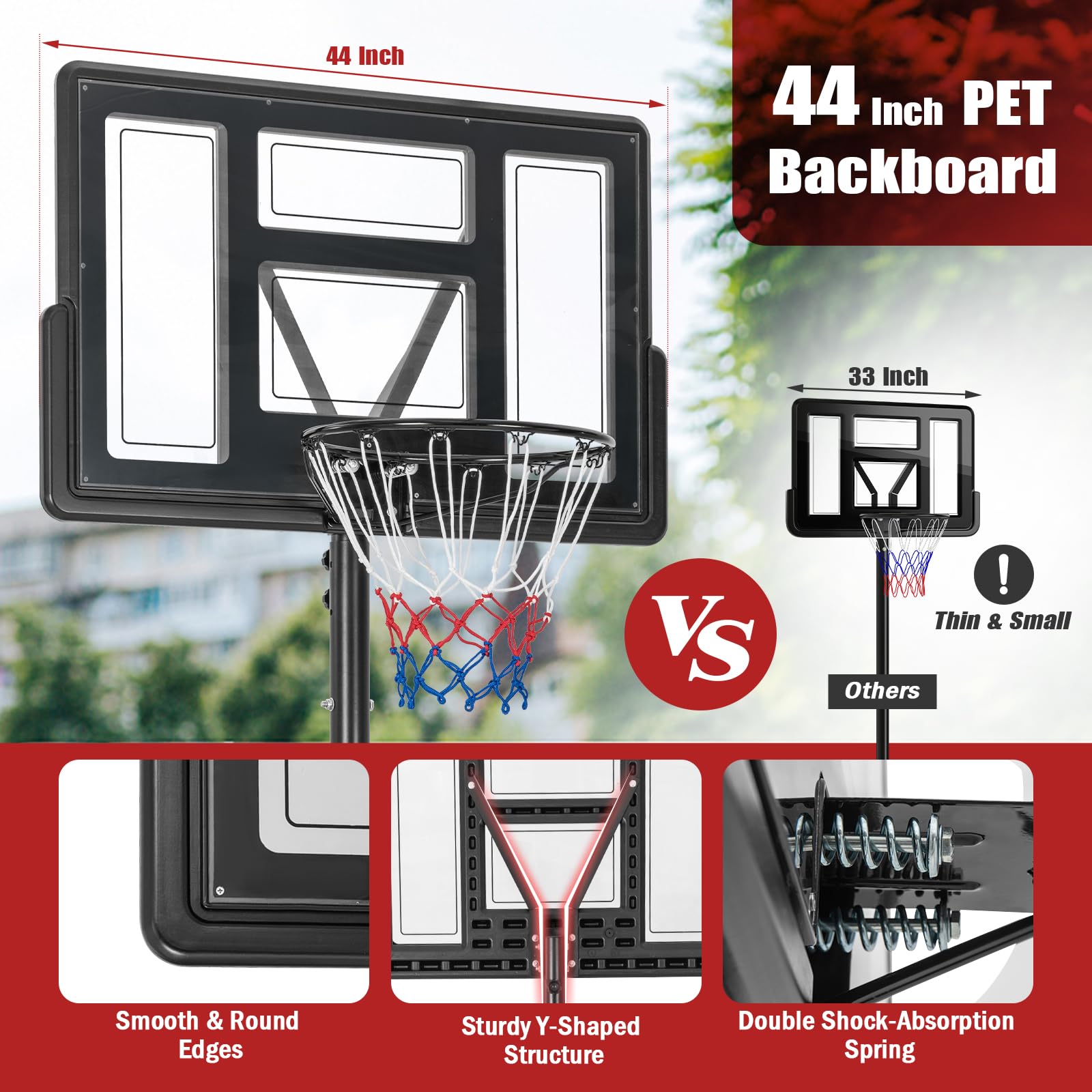 Giantex Basketball Hoop Outdoor 4.4-10 FT Adjustable, Portable Basketball Hoop Goal System w/ 44 Inch Shatterproof Backboard