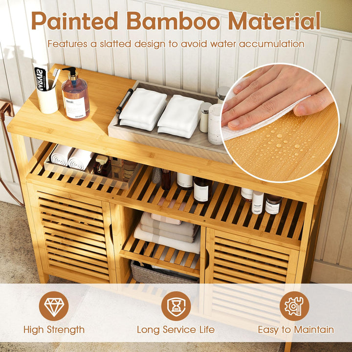 Giantex Bamboo Bathroom Storage Cabinet 2-Door Storage Organizer with Shelves