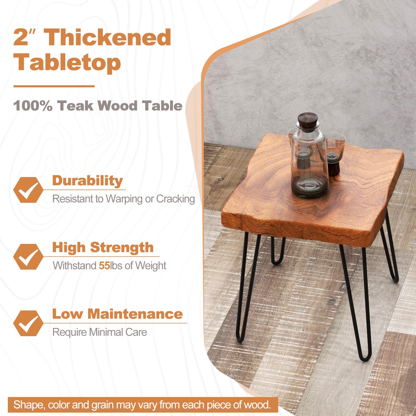 Giantex Teak Wood End Table, Solid Live Edge Outdoor Side Table w/Natural Grain & Heavy-Duty Metal Legs