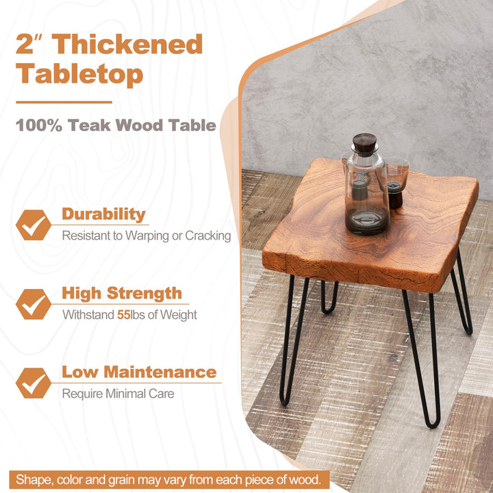 Giantex Teak Wood End Table, Solid Live Edge Outdoor Side Table w/Natural Grain & Heavy-Duty Metal Legs