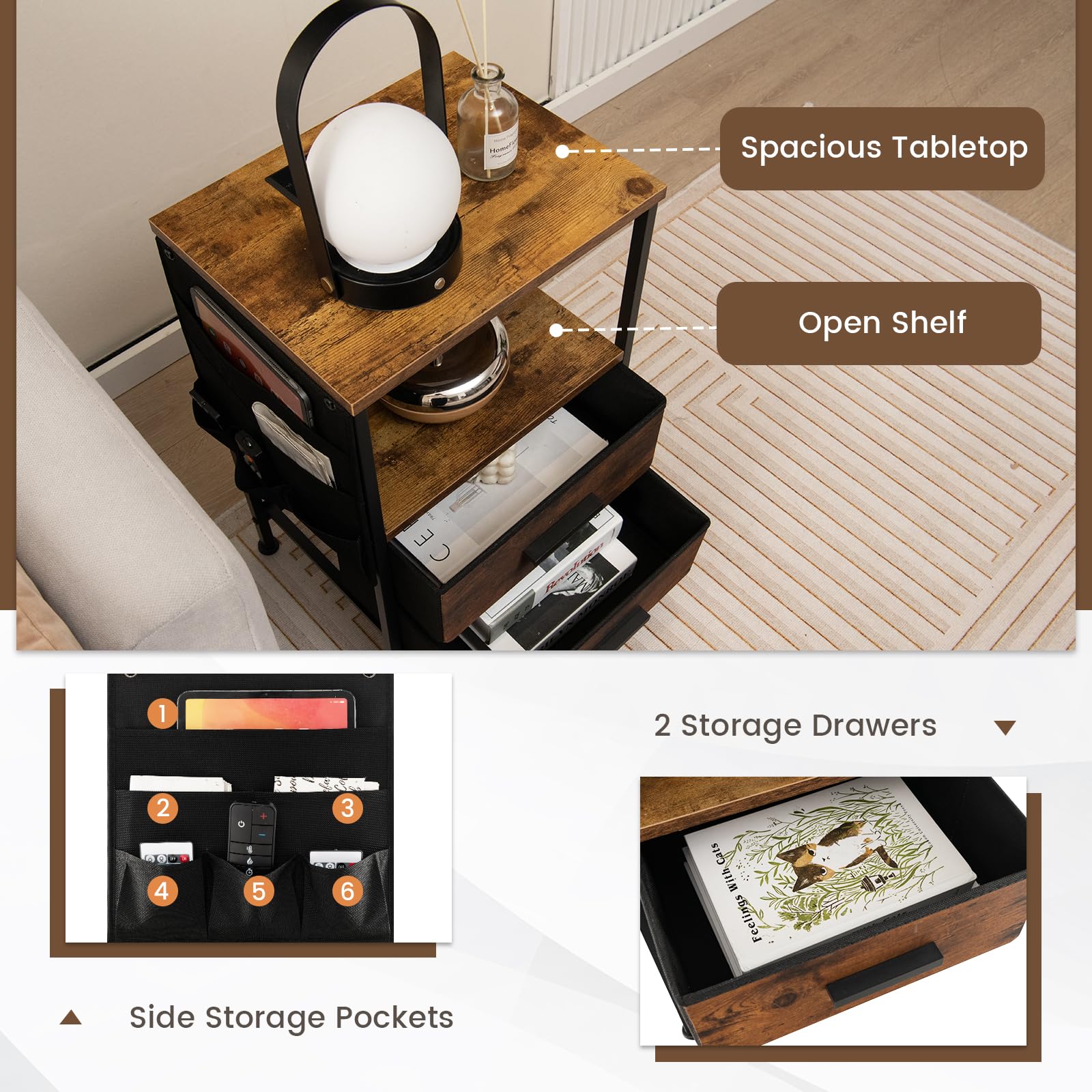 Giantex Nightstand with Charging Station, Industrial Bedside Table with 2 Fabric Drawers & 6 Storage Pockets