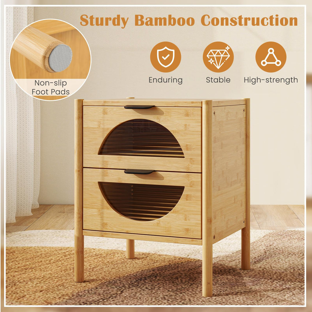 Giantex Bamboo Nightstand, Mid-Century Modern Bedside Table with 2 Storage Drawers & Tempered Glass