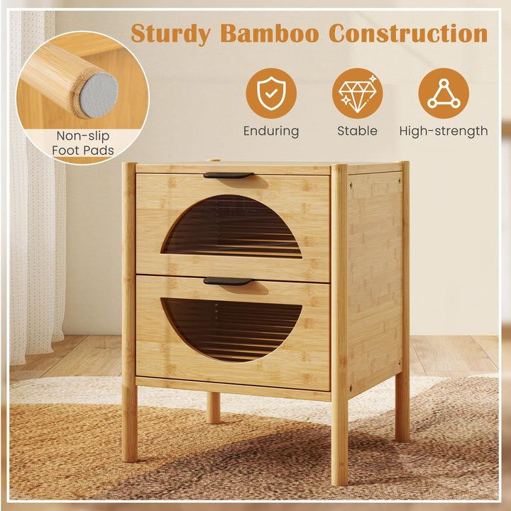 Giantex Bamboo Nightstand, Mid-Century Modern Bedside Table with 2 Storage Drawers & Tempered Glass