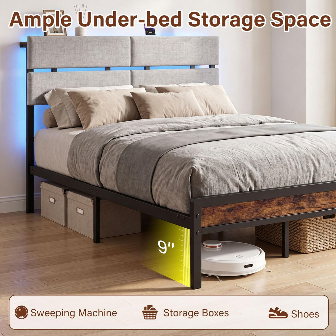 Full Size Metal Bed Frame with Upholstered Headboard &amp; Charging Station