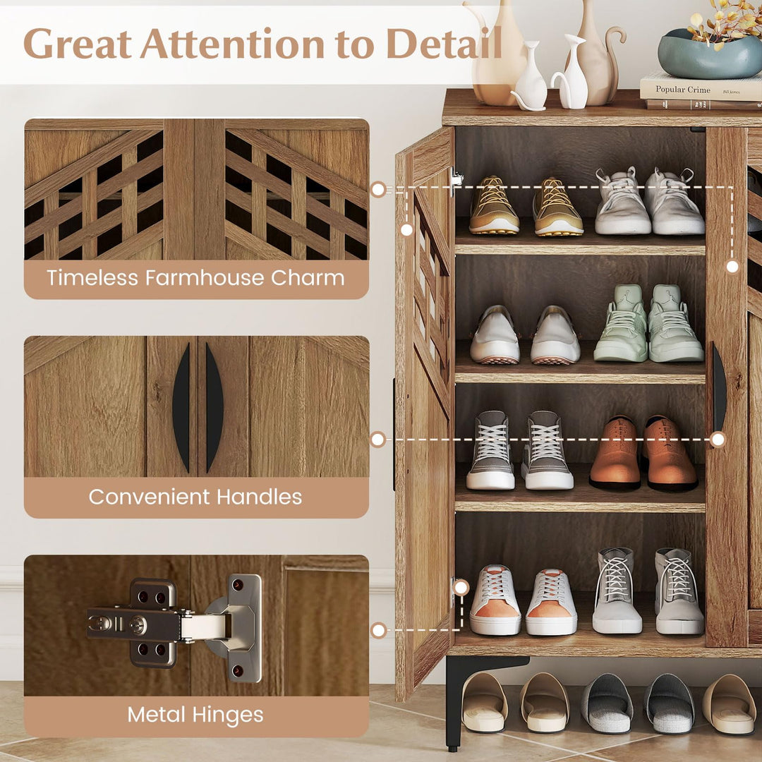 Giantex 4-Tier Wooden Shoe Organizer Cabinet with Hollow Woven Doors &amp; 3 Removable Shelves