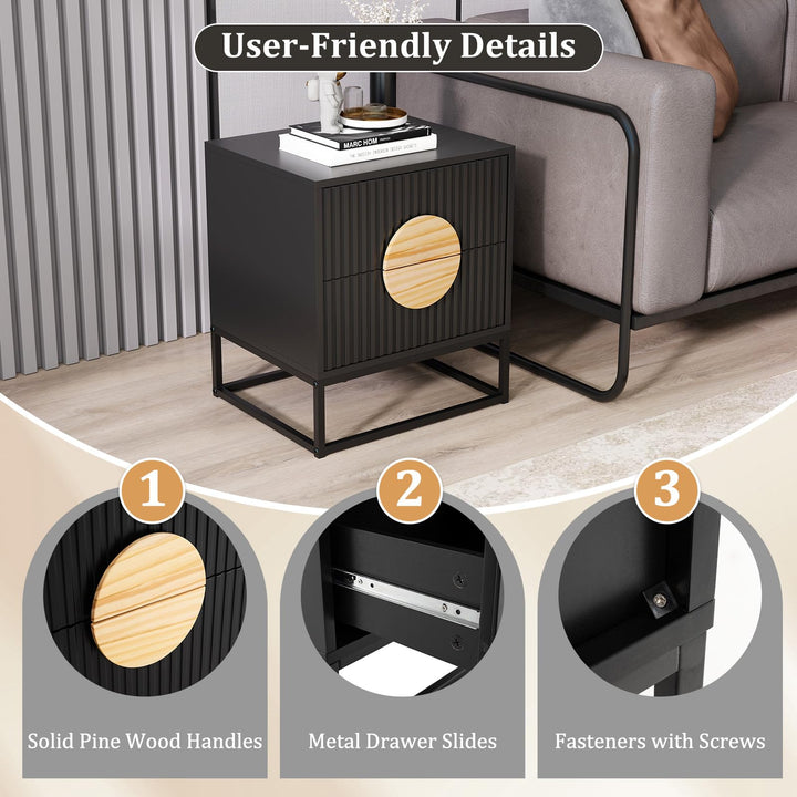 Giantex Fluted Nightstand with 2 Drawers with Natural Circle Handle & Metal Frame