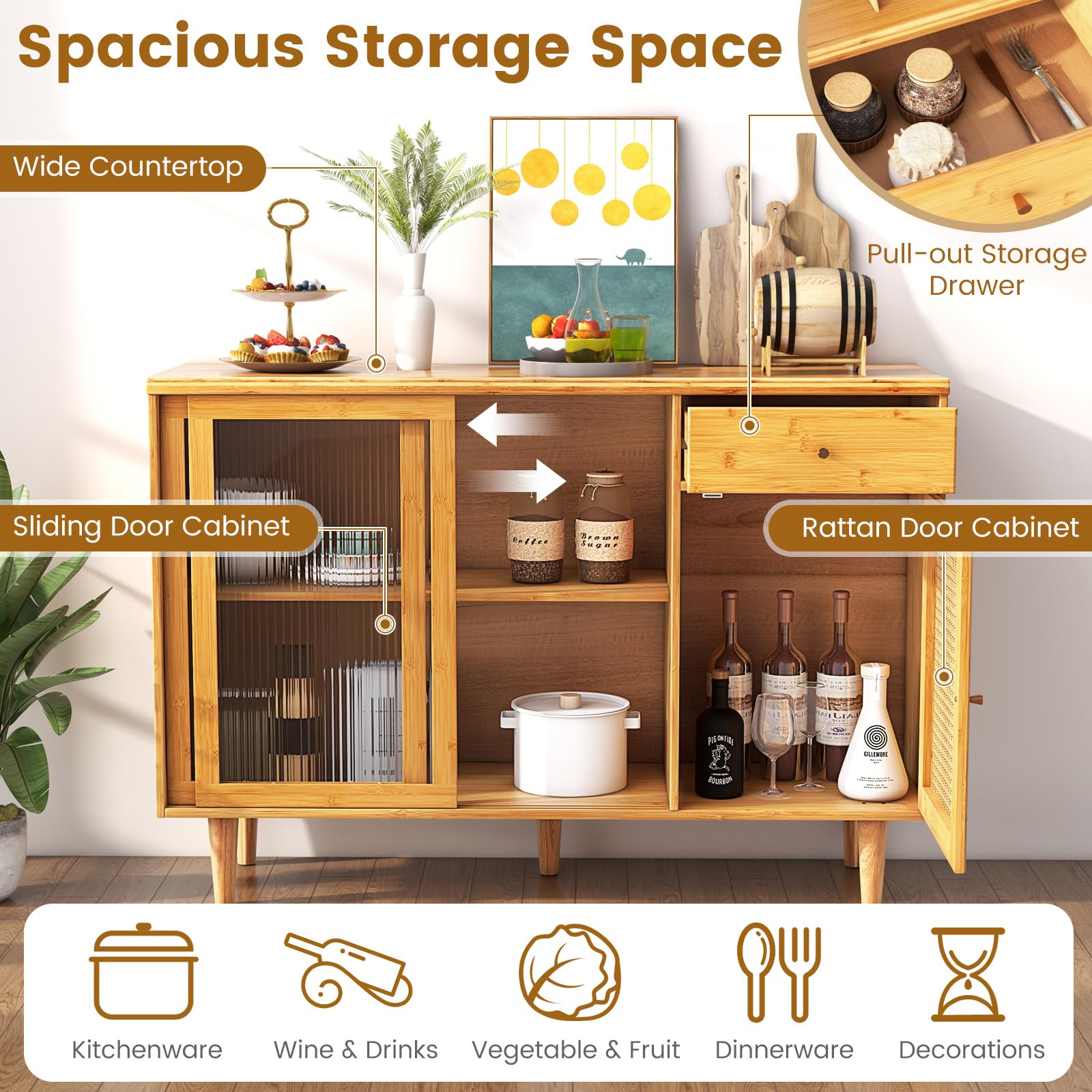 Giantex Sideboard, Bamboo Buffet Cabinet with Storage