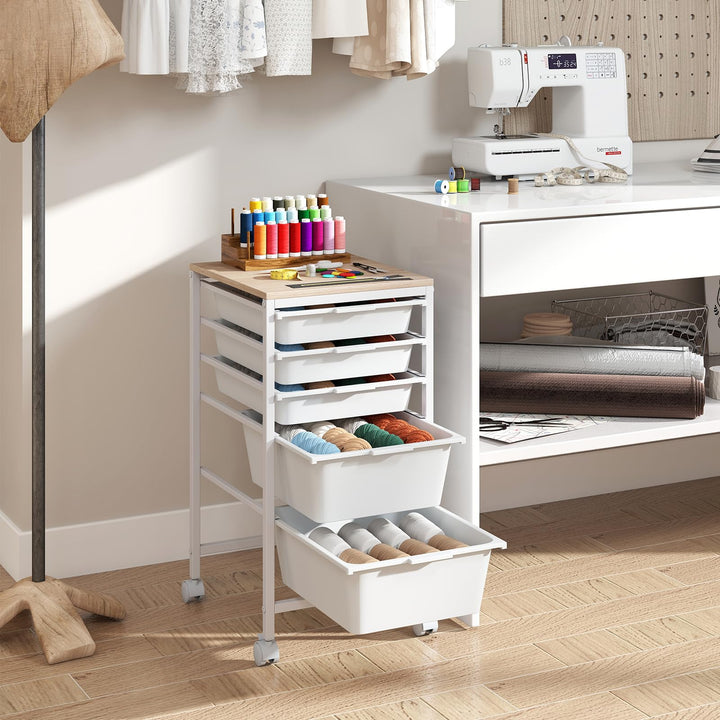 Giantex 5-Drawer Rolling Storage Cart Mobile Utility Organizer with Wooden Tabletop and Lockable Wheels