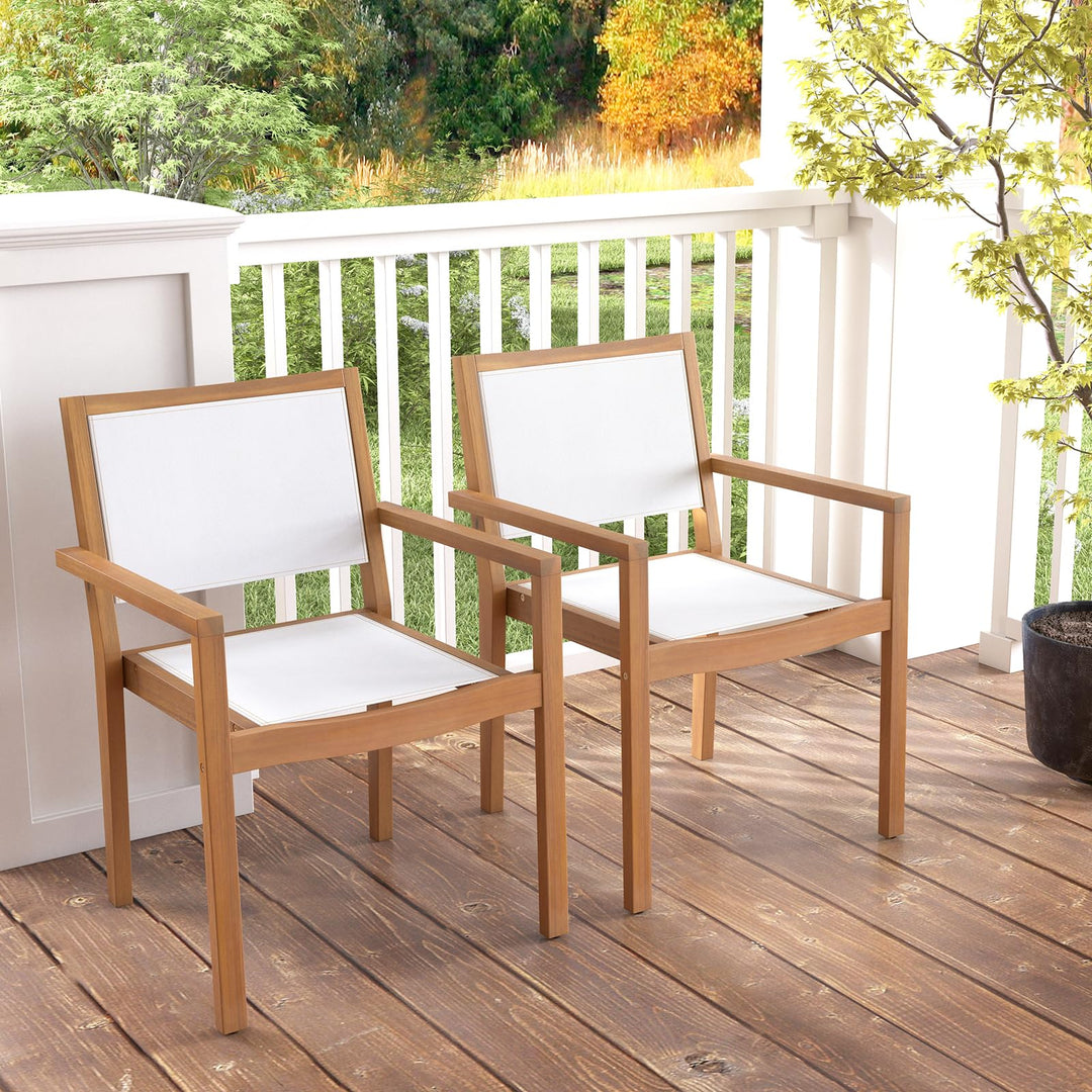 Giantex Stackable Outdoor Dining Chair Set, Patio Armchairs w/Acacia Wood Frame, All Weather Fabric, Armrests