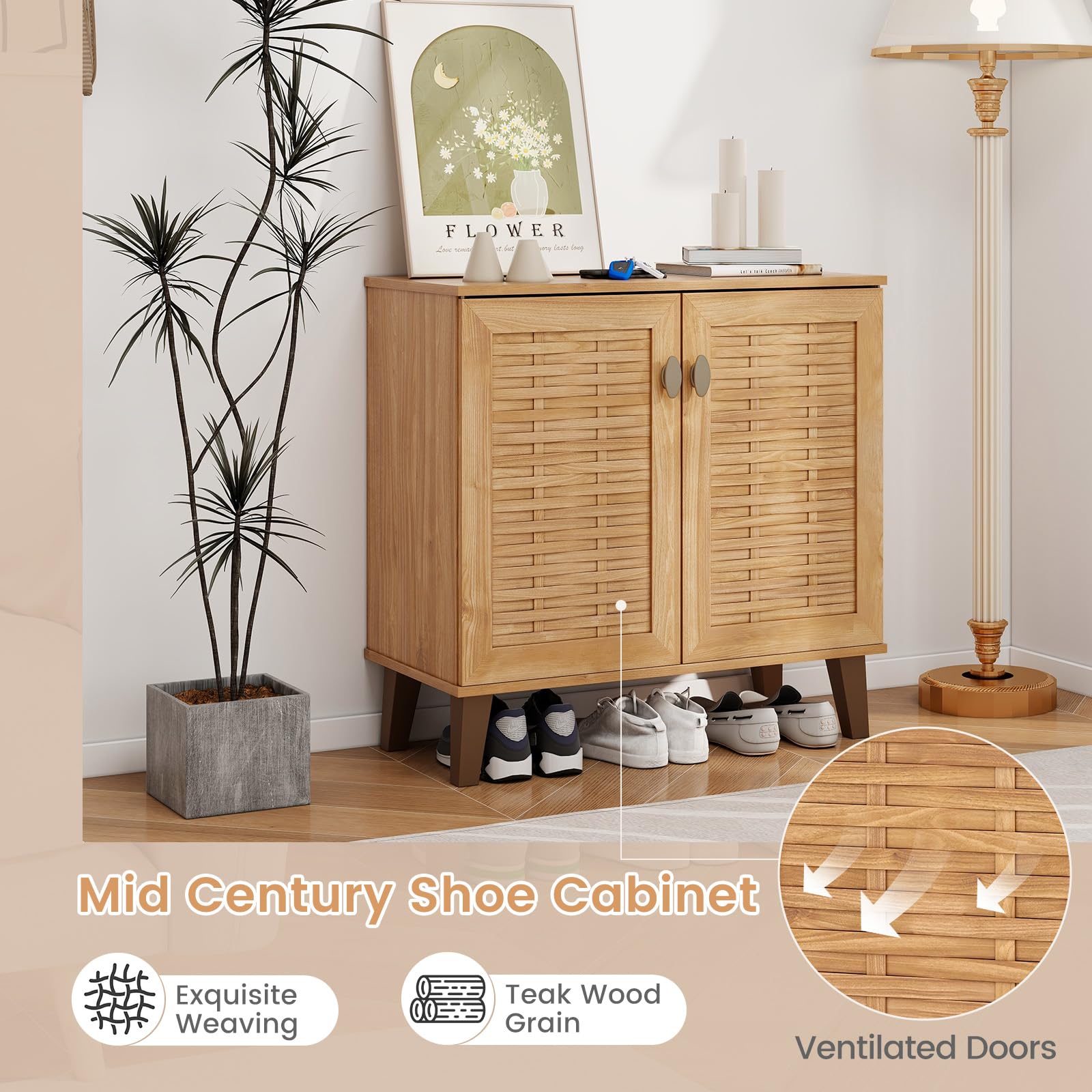 Giantex Shoe Cabinet with Doors, 4-Tier Farmhouse Shoe Storage Cabinet with 3 Adjustable Shelves