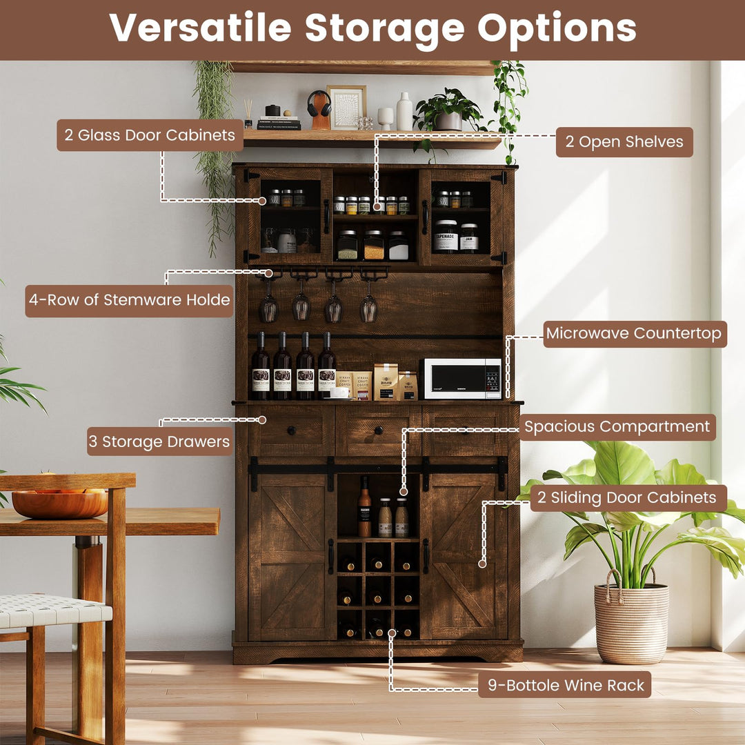 Giantex 72" Farmhouse Coffee Bar Cabinet w/Glass Doors &amp; Wine Racks