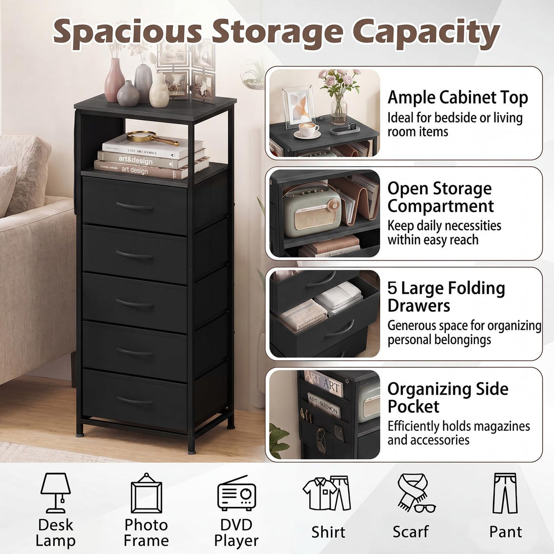 GIANTEX Modern 39" Bedside Table with Integrated Charging Station &amp; 5 Fabric Drawers (1/2)