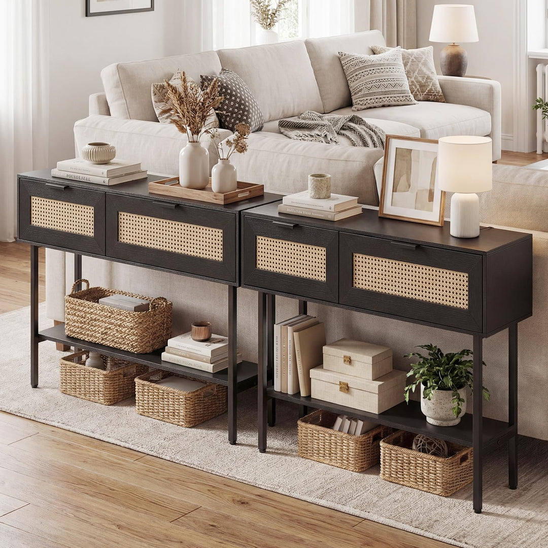 Giantex Rattan Console Table Boho Entryway Table with 2 Storage Cabinets