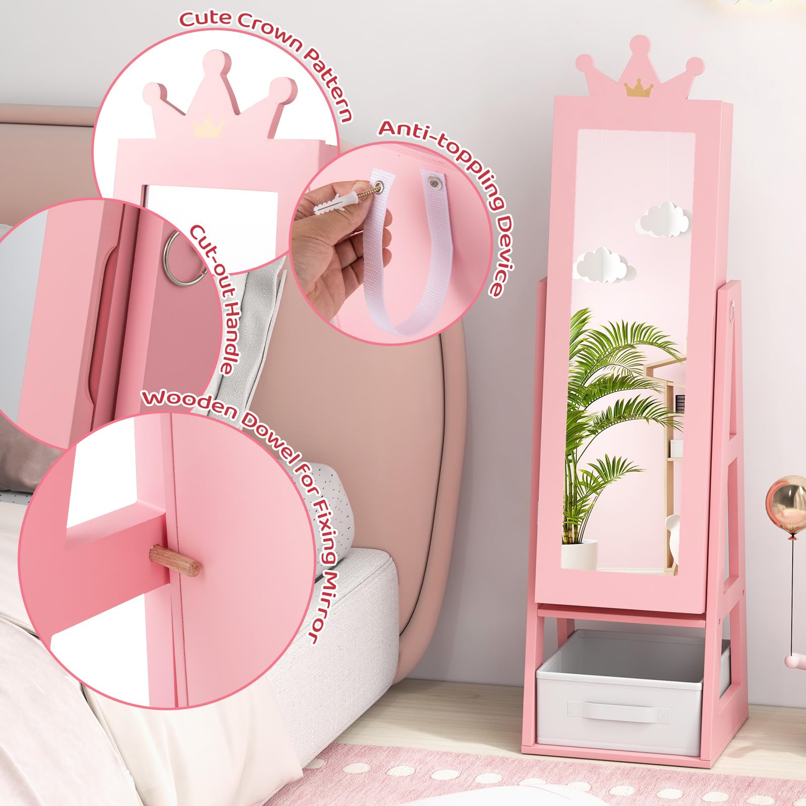 CHARMAID Kids Mirror Jewelry Cabinet - 45.5'' Standing Jewelry Armoire with Full Length Mirror