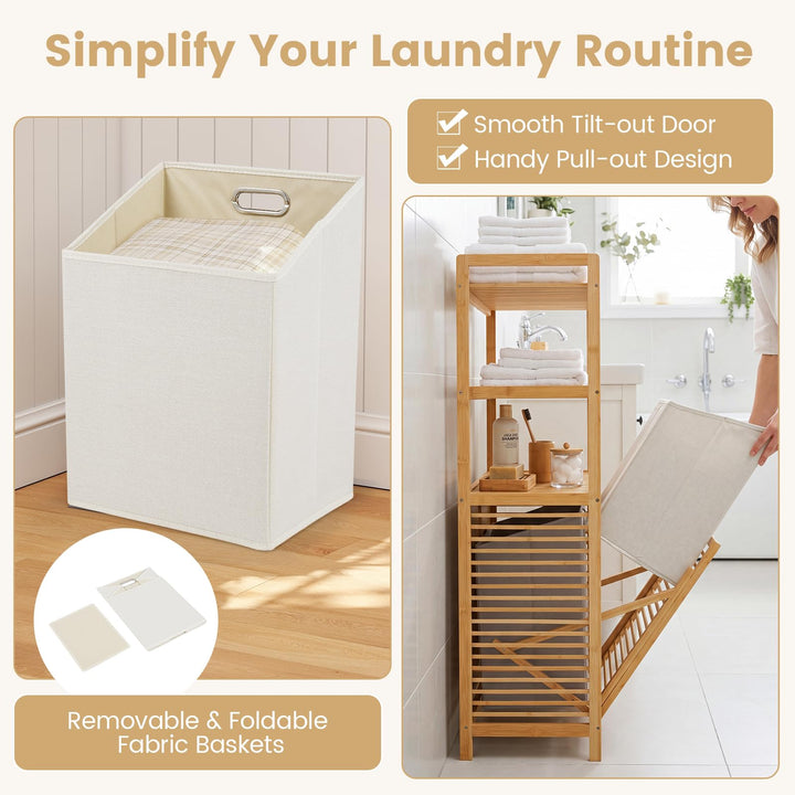 Giantex Double Tilt Out 14 Gal Bamboo Laundry Hamper with 3-Tier Storage Shelf