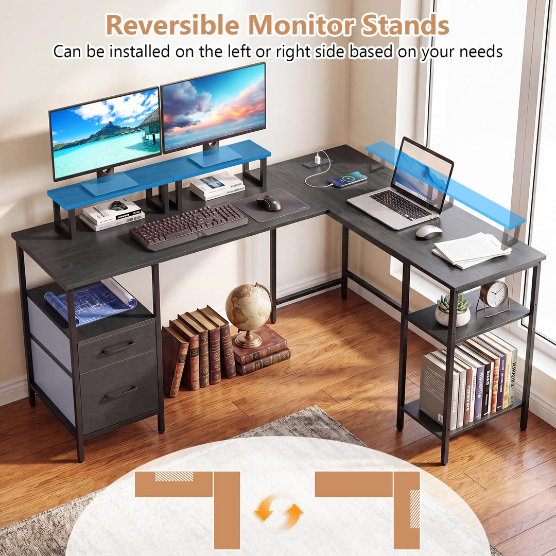 Giantex 63" Reversible L Shaped Desk with Charging Station
