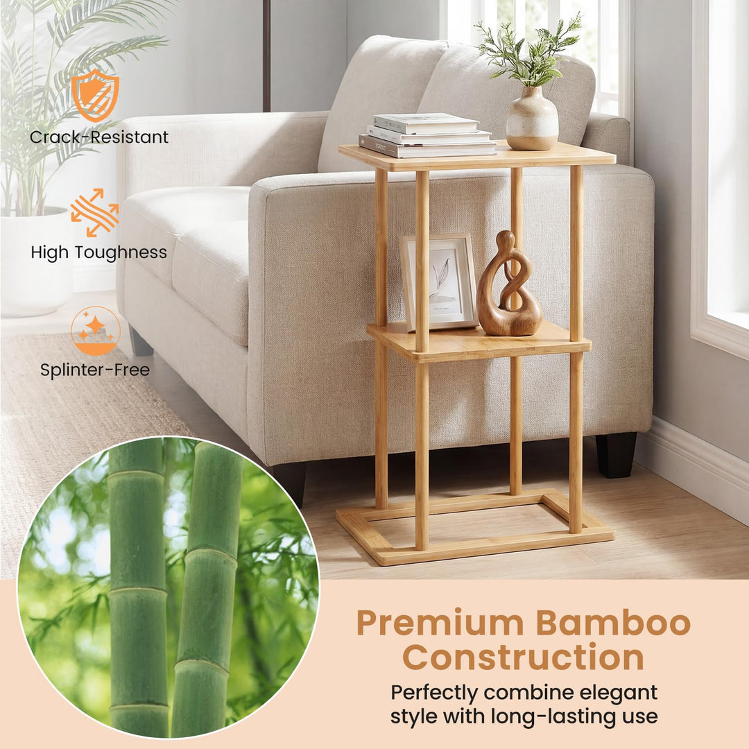 Giantex 2 Pieces Bamboo Side Table with Storage Shelves