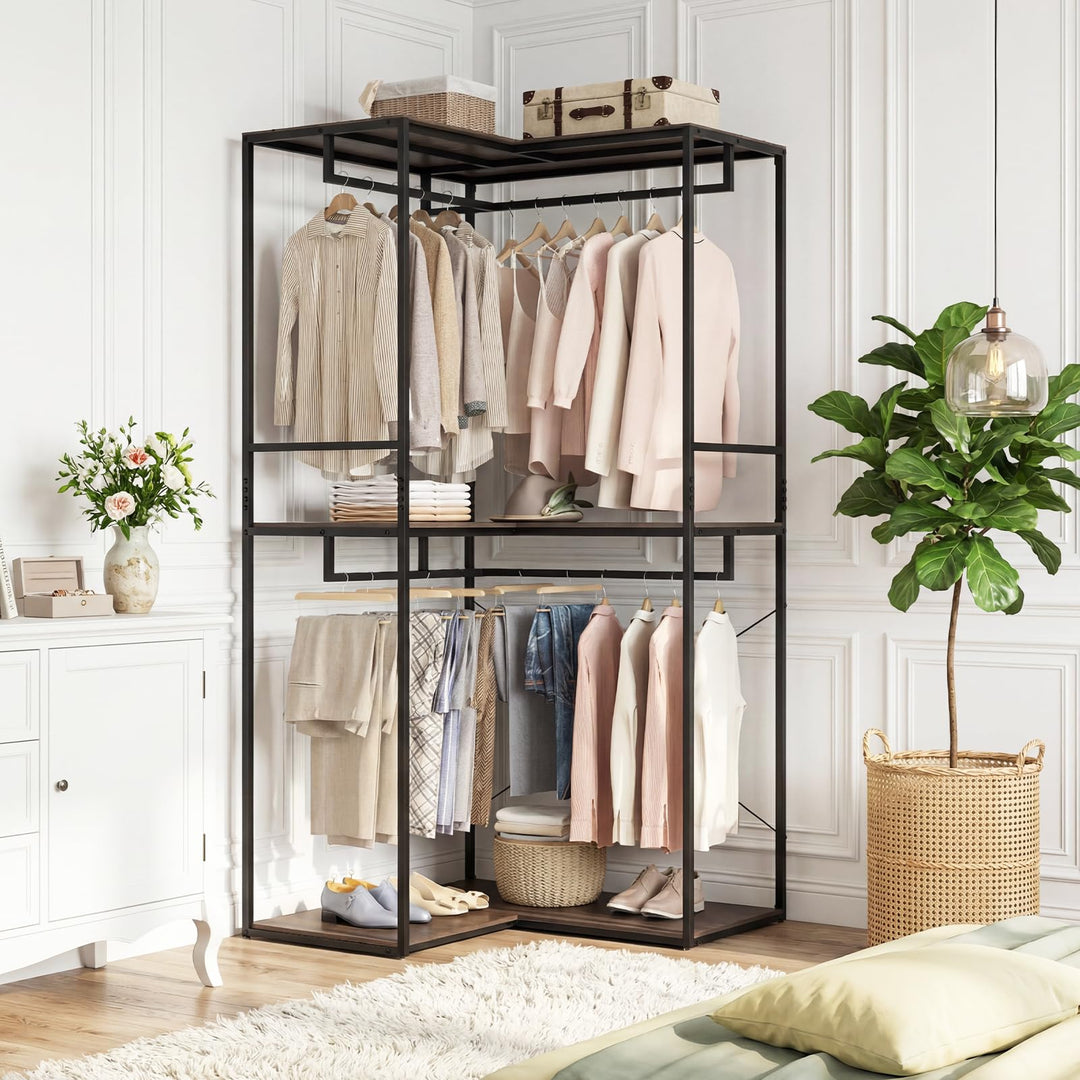 Giantex Heavy Duty Clothes Rack | 3-Tier L-Shaped Garment Rack w/3 Open Shelves &amp; 2 Hanging Racks