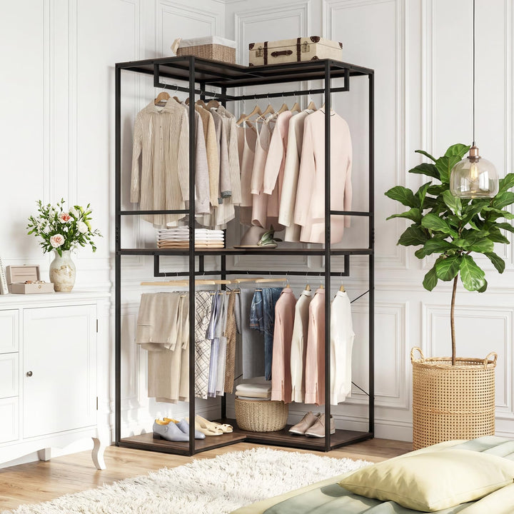 Giantex Heavy Duty Clothes Rack | 3-Tier L-Shaped Garment Rack w/3 Open Shelves &amp; 2 Hanging Racks