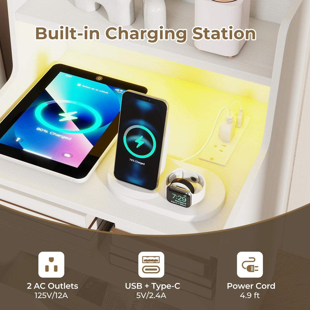 Giantex Nightstand with LED Light and Charging Station for Living Room Bedroom