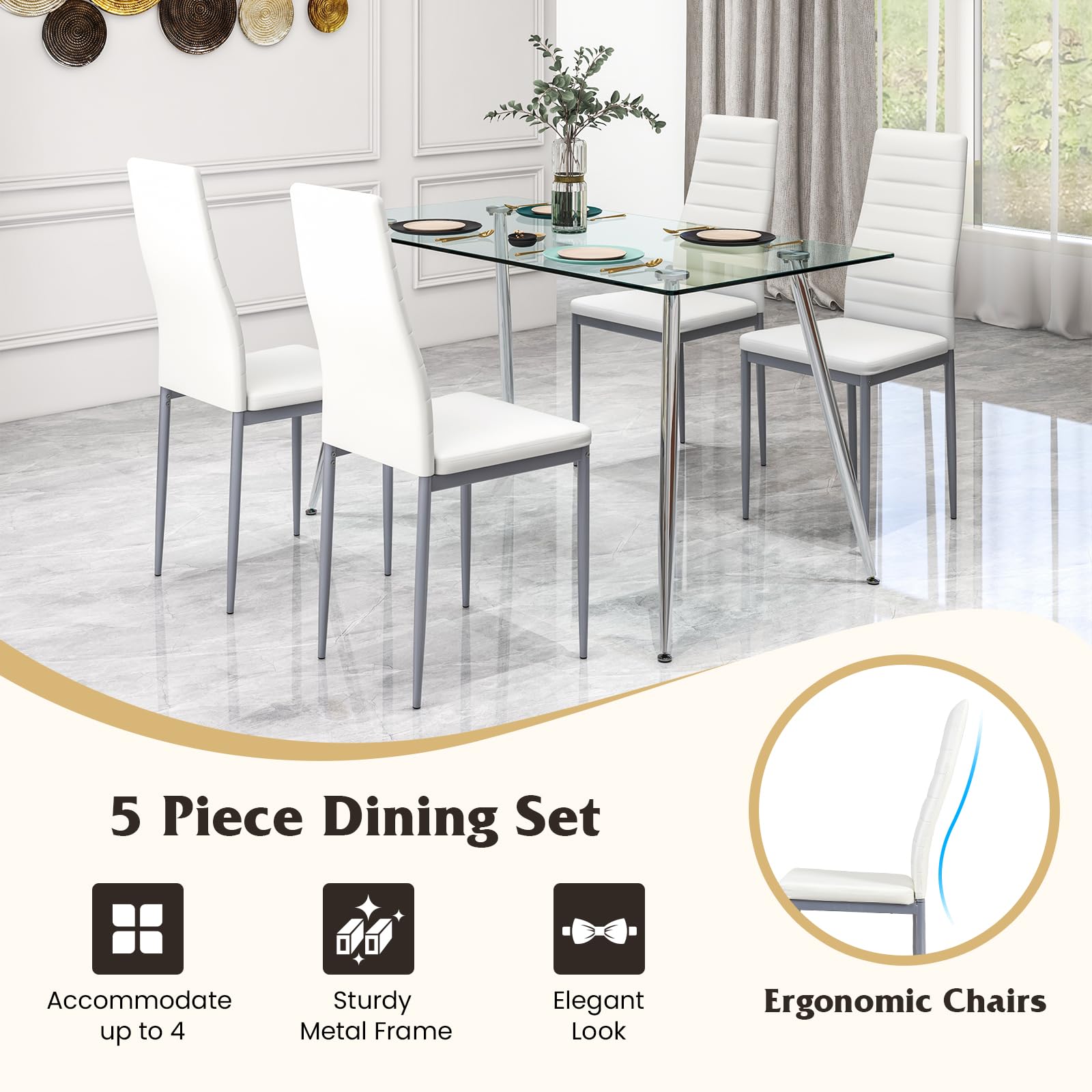 Giantex Dining Table Set for 4, Kitchen Table Chairs Set with 51” Rectangle Glass Dining Table