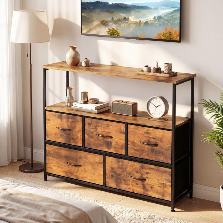 Giantex TV Stand for 45 Inch TV | 5 Fabric Drawer Entertainment Center with Open Shelf