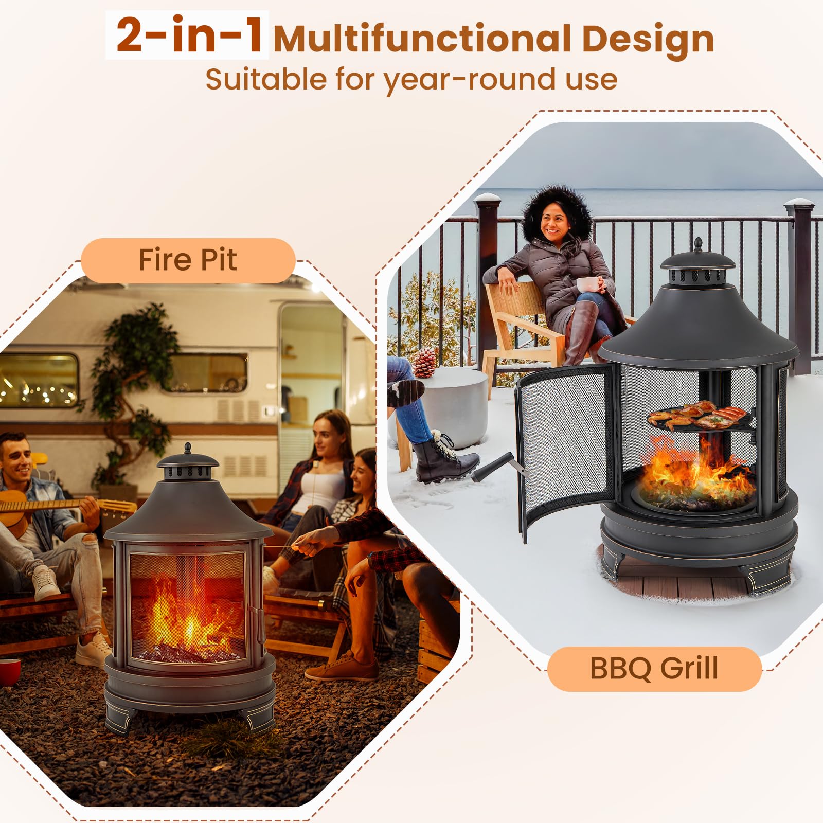 Giantex 2 in 1 Outdoor Fire Pit with Grill, 30 Inch Metal Chiminea, Wood Burning Fireplace with Chimney