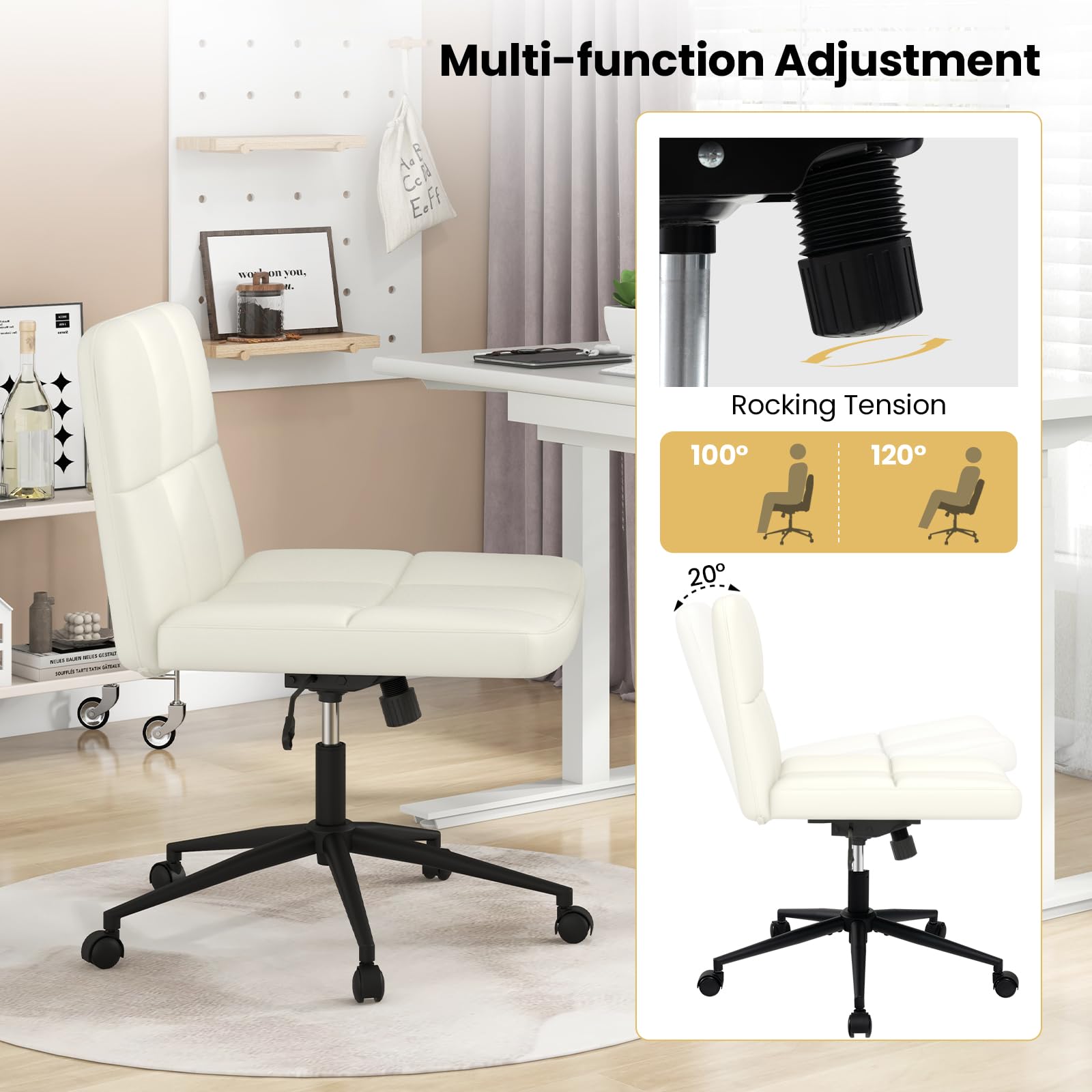 Giantex Criss Cross Chair with Wheels, PU Leather Cross Legged Office Chair, Height-adjustable Swivel Vanity Chair