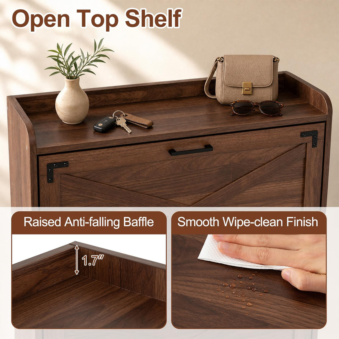 Giantex Freestanding Slim Farmhouse Shoe Storage Cabinet with 2 Flip Drawers