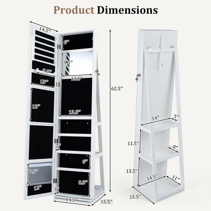 CHARMAID Swivel Jewelry Armoire with Full Length Mirror &amp; Rear Storage Shelves