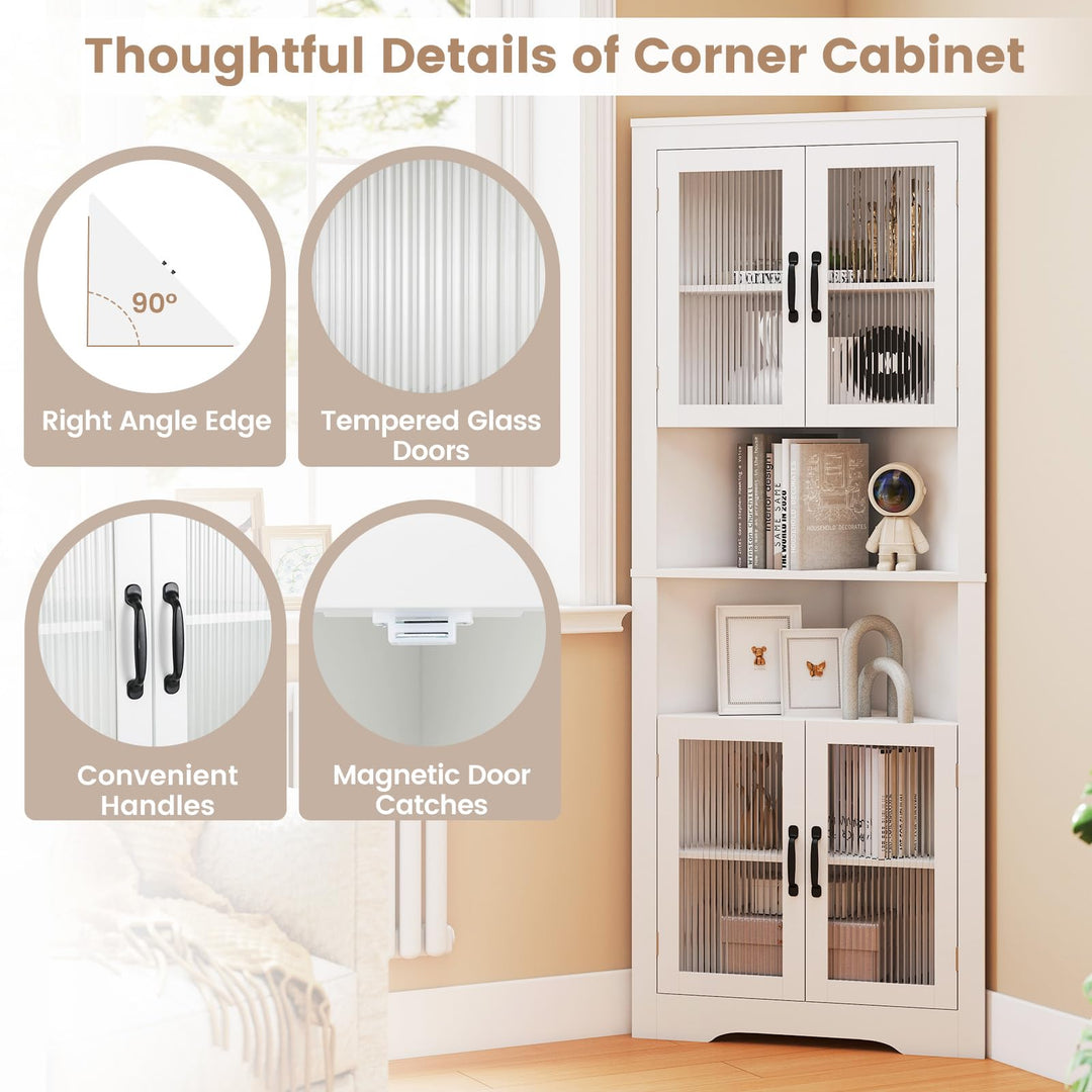 Giantex 67" Tall Corner Cabinet Space-Saving Triangular Storage Cabinet w/ 4 Tempered Glass Doors
