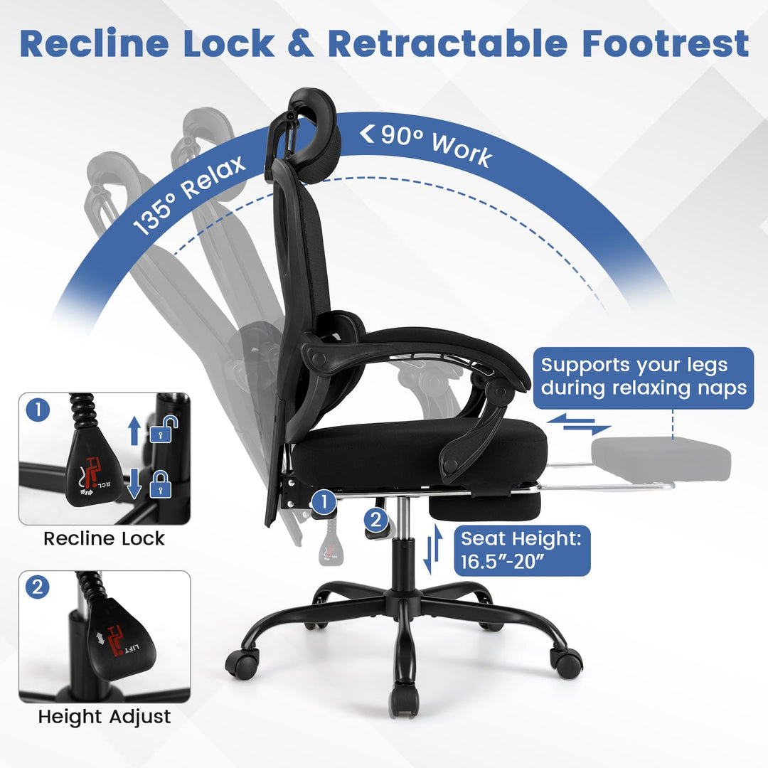 Giantex Mesh Office Chair with Retractable Footrest 135° Tilting Backrest