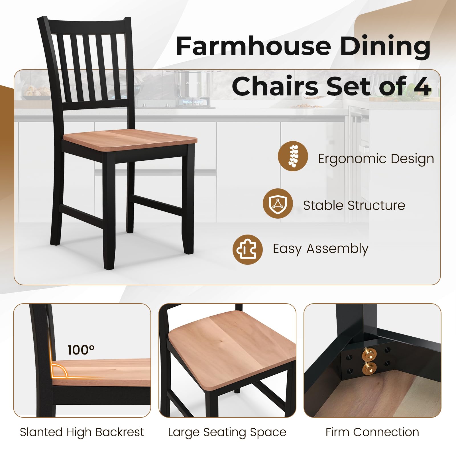 Giantex Wooden Dining Chairs Set of 4, Farmhouse Kitchen Chair with Rubber Wood Legs