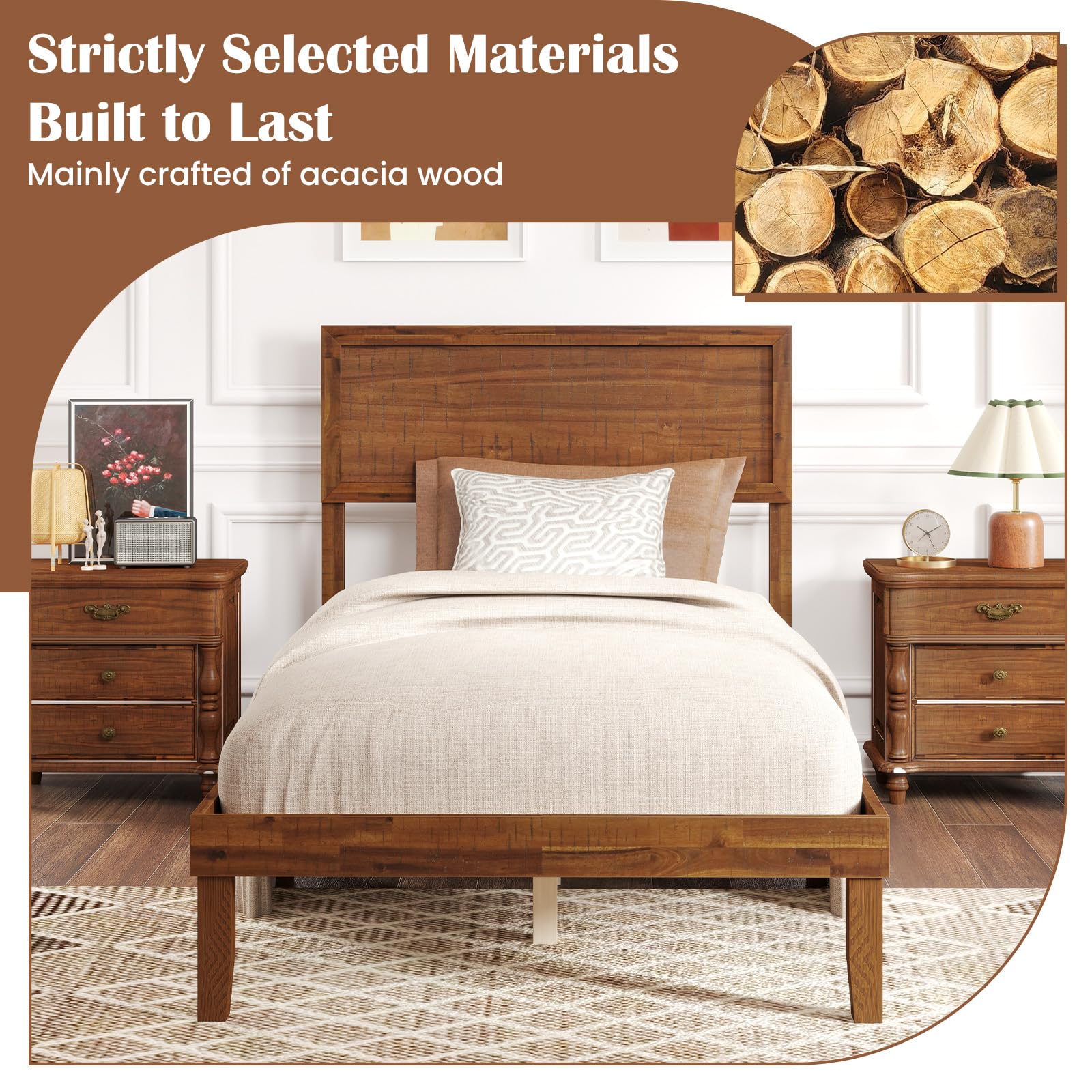 Giantex Wood Bed Frames with Headboard, Mid Century Modern Platform Bed