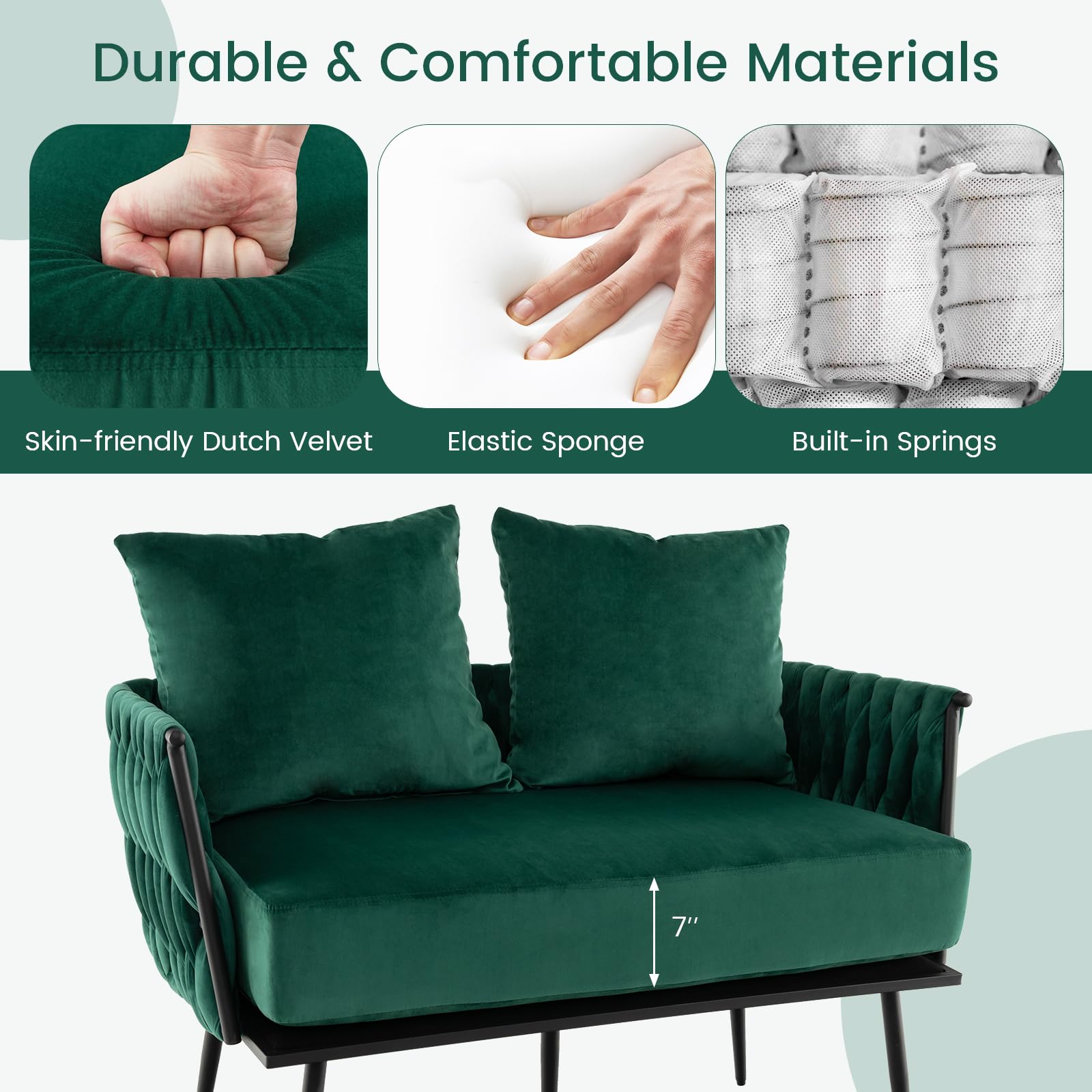 Giantex Loveseat Sofa, Upholstered 2 Seat Sofa Couch with Dutch Velvet, Woven Back and Arms, 2 Pillows