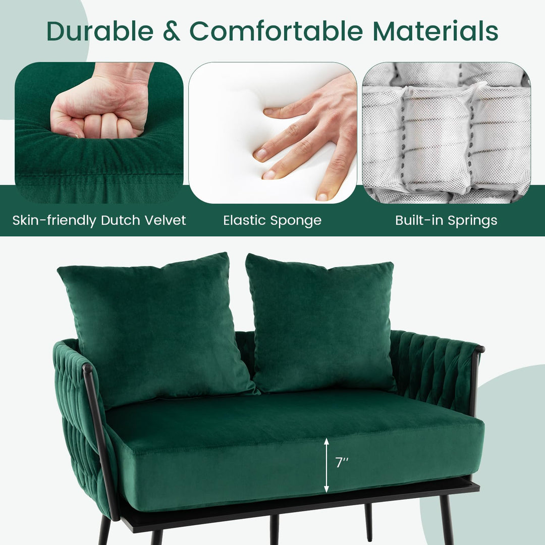 Giantex Loveseat Sofa, Upholstered 2 Seat Sofa Couch with Dutch Velvet, Woven Back and Arms, 2 Pillows